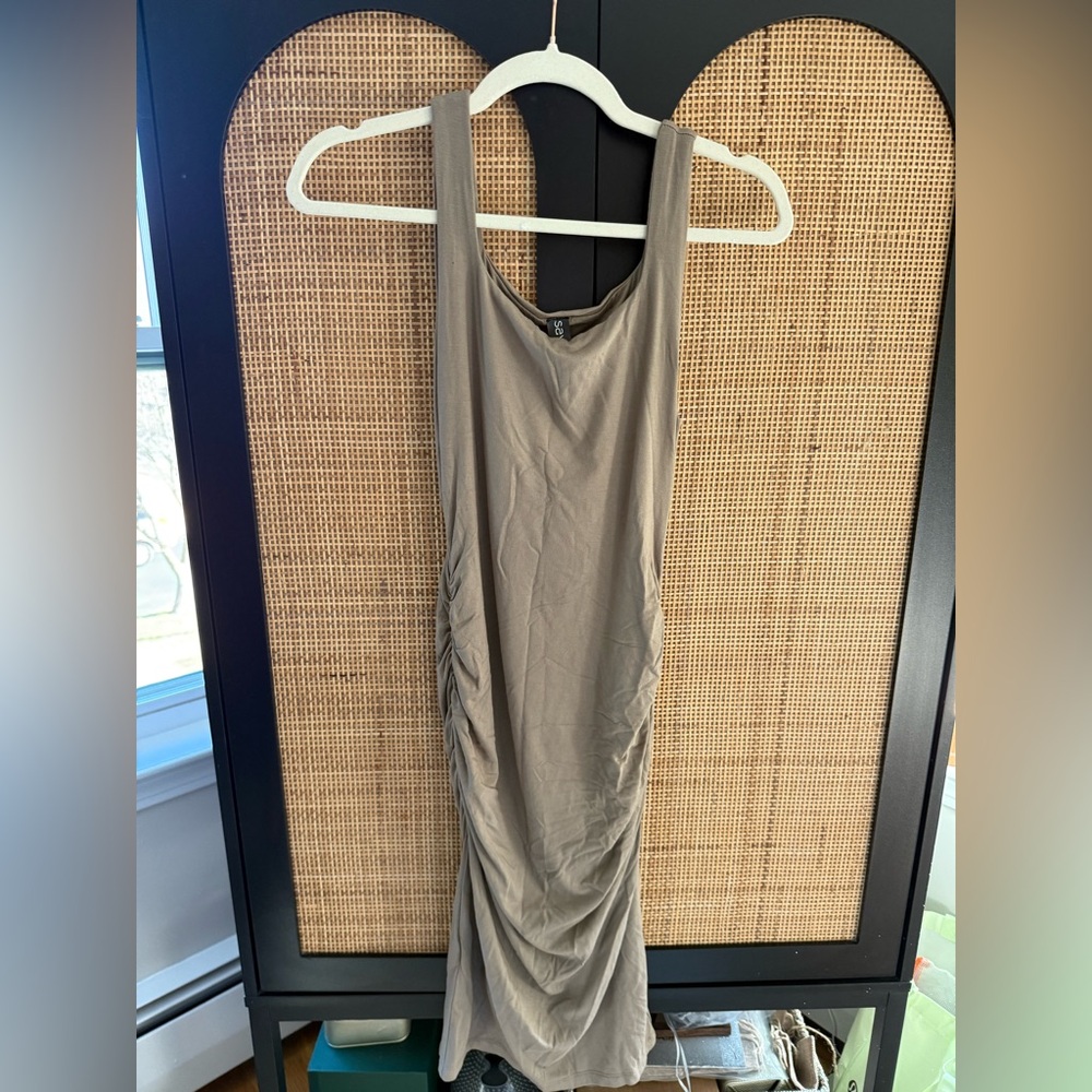 Sleeveless Ruched Midi Tan Dress by SAVVI